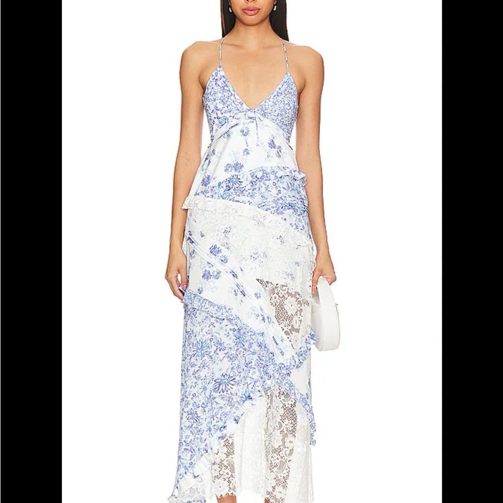 For Love And Lemons Rosalyn Blue and White Lace Maxi Dress